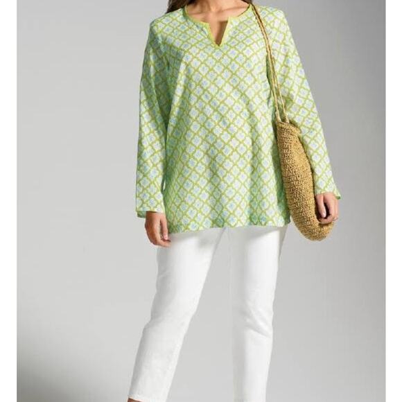 J Jill Lightweight Split Neck Tunic Green Motif Sz XL Pure Jill - Picture 2 of 8